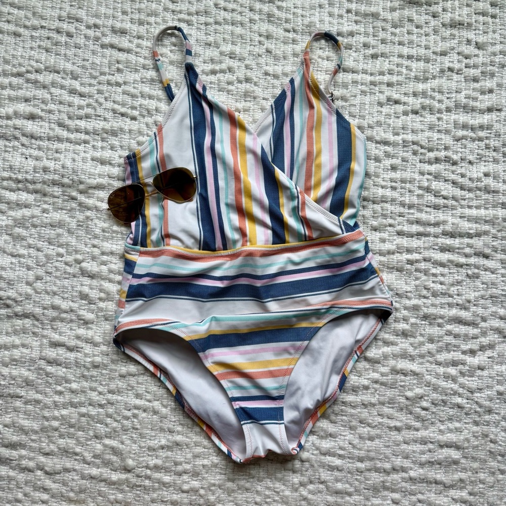 Women's Sperry Striped White and Blue Coastal One Piece Swimsuit Size L
